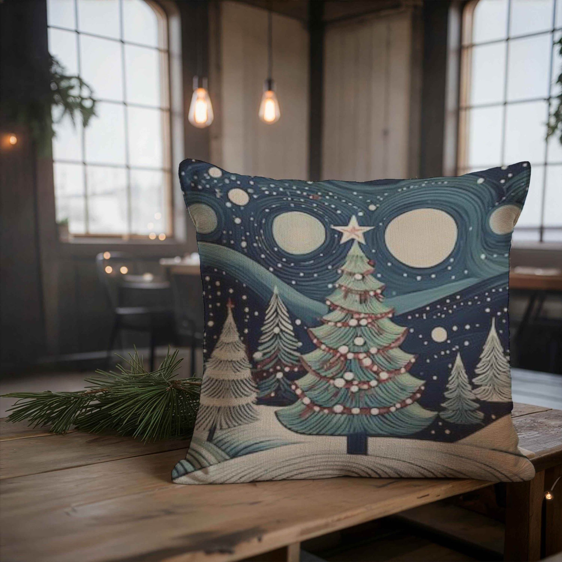 Christmas Throw Pillow - Handwoven Folk Art Cushion with Forest Landscape Design - timelessbohochic.com