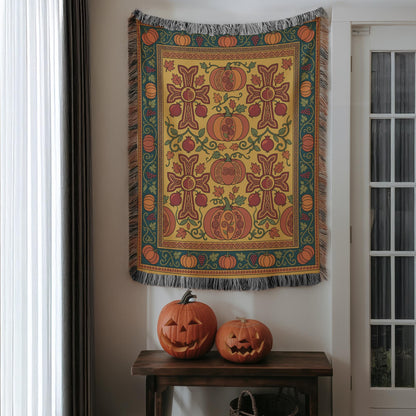Gold and teal Armenian pumpkin throw blanket hung on a wall above two carved pumpkins
