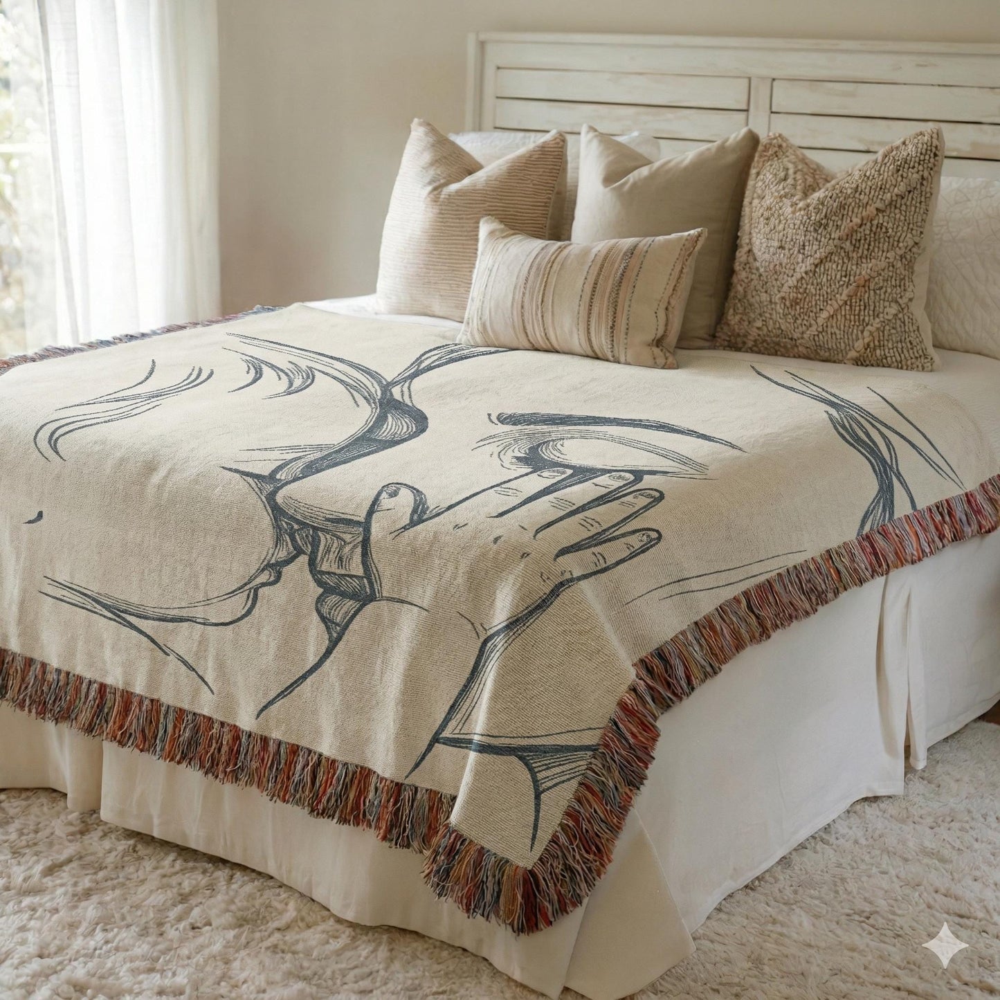 Modern Geometric woven wall tapestry with geometric pattern styled as textile wall decor