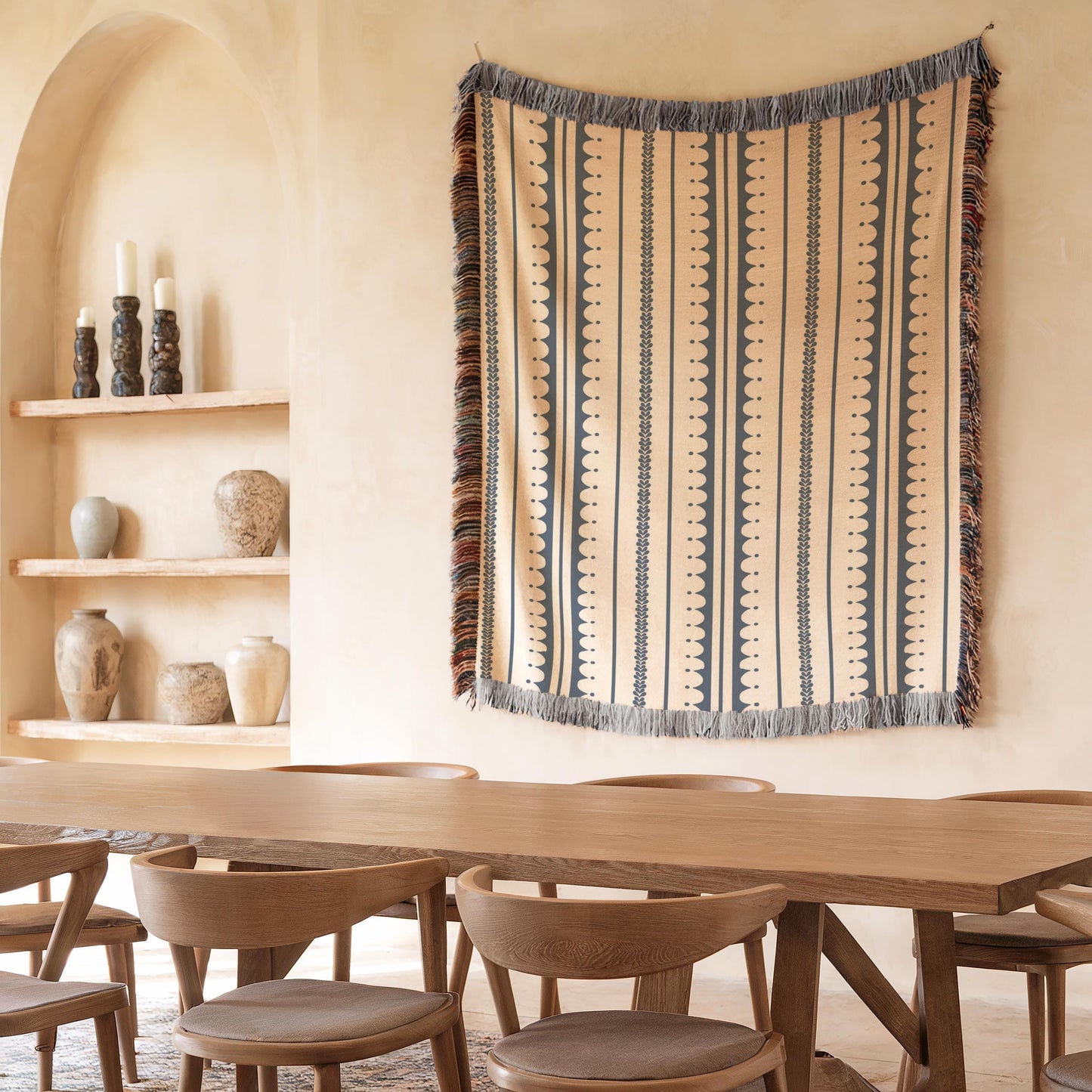 Modern Geometric woven blanket with geometric pattern styled for layered home decor