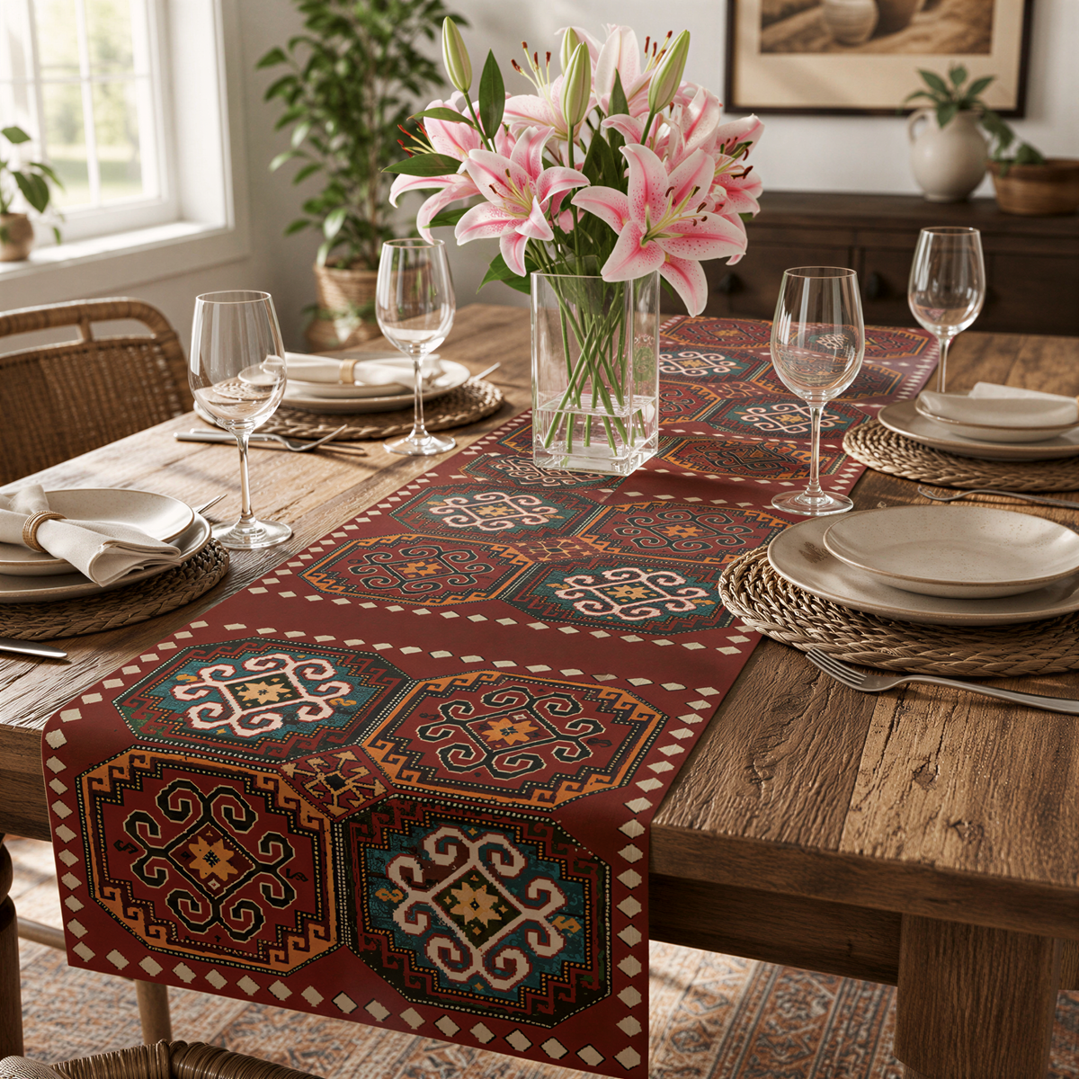 Anatolian Armenian carpet table runner in deep red on a dining table with wooden chairs and a bowl of fruit