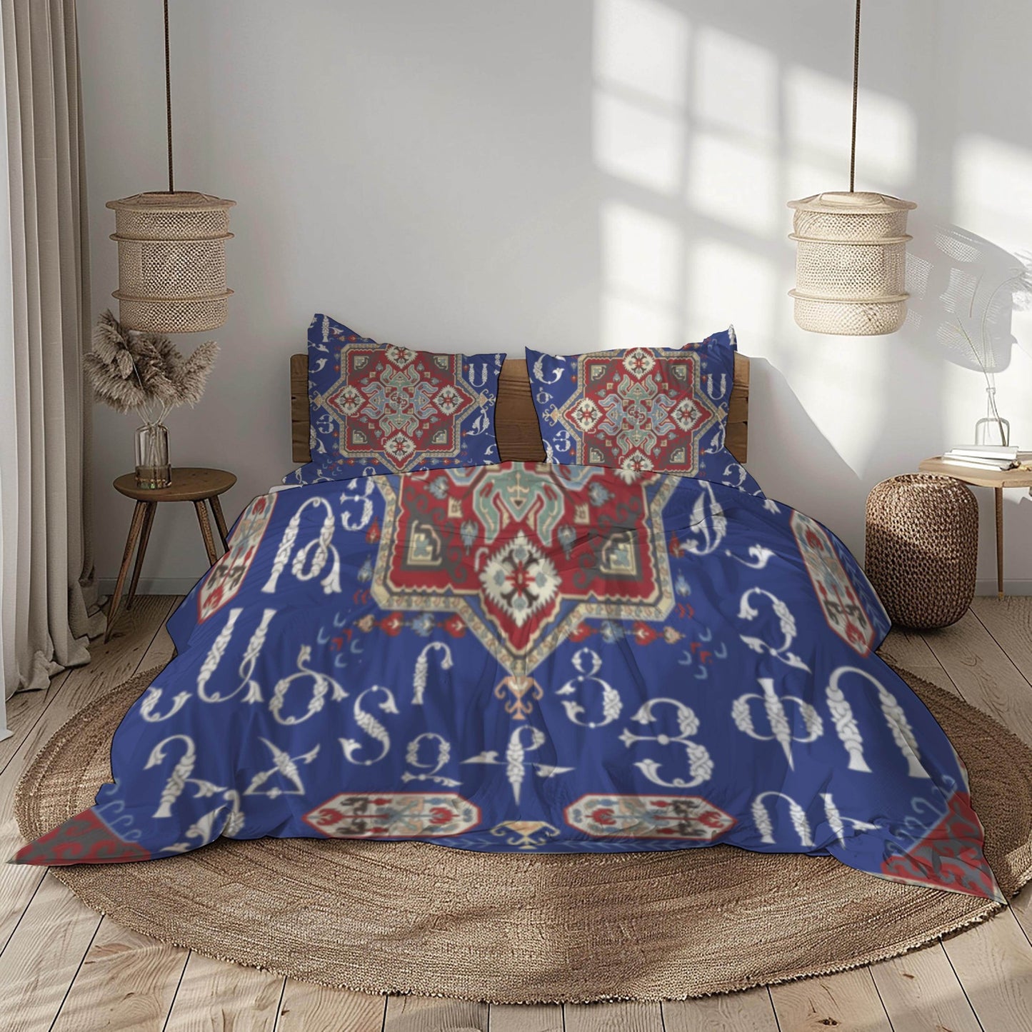 Armenian Alphabet Duvet - Personalized Ethnic Bedding Set with Haykakan Pattern & Custom Pillowcases - timelessbohochic.com