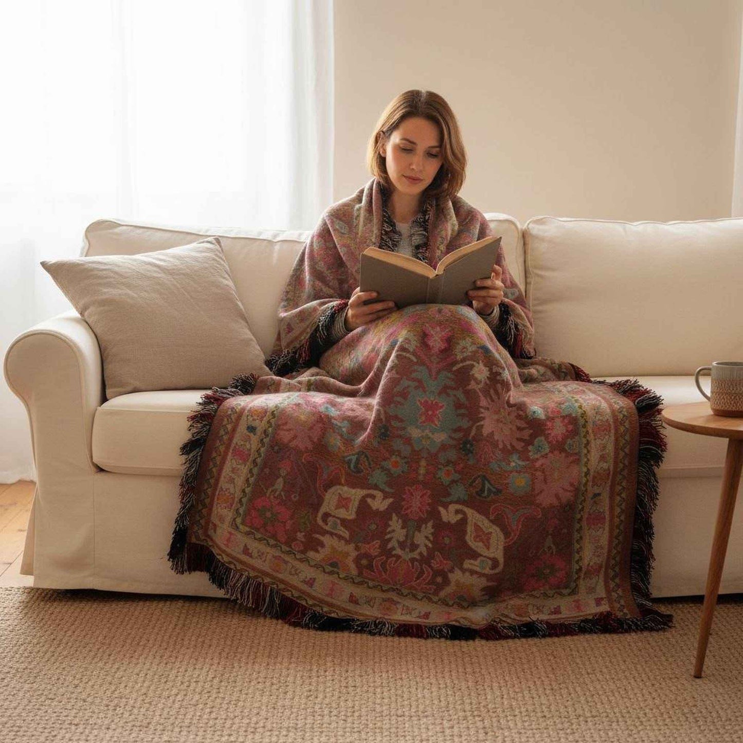 Caucasian Rug Inspired woven blanket with geometric pattern styled for layered home decor