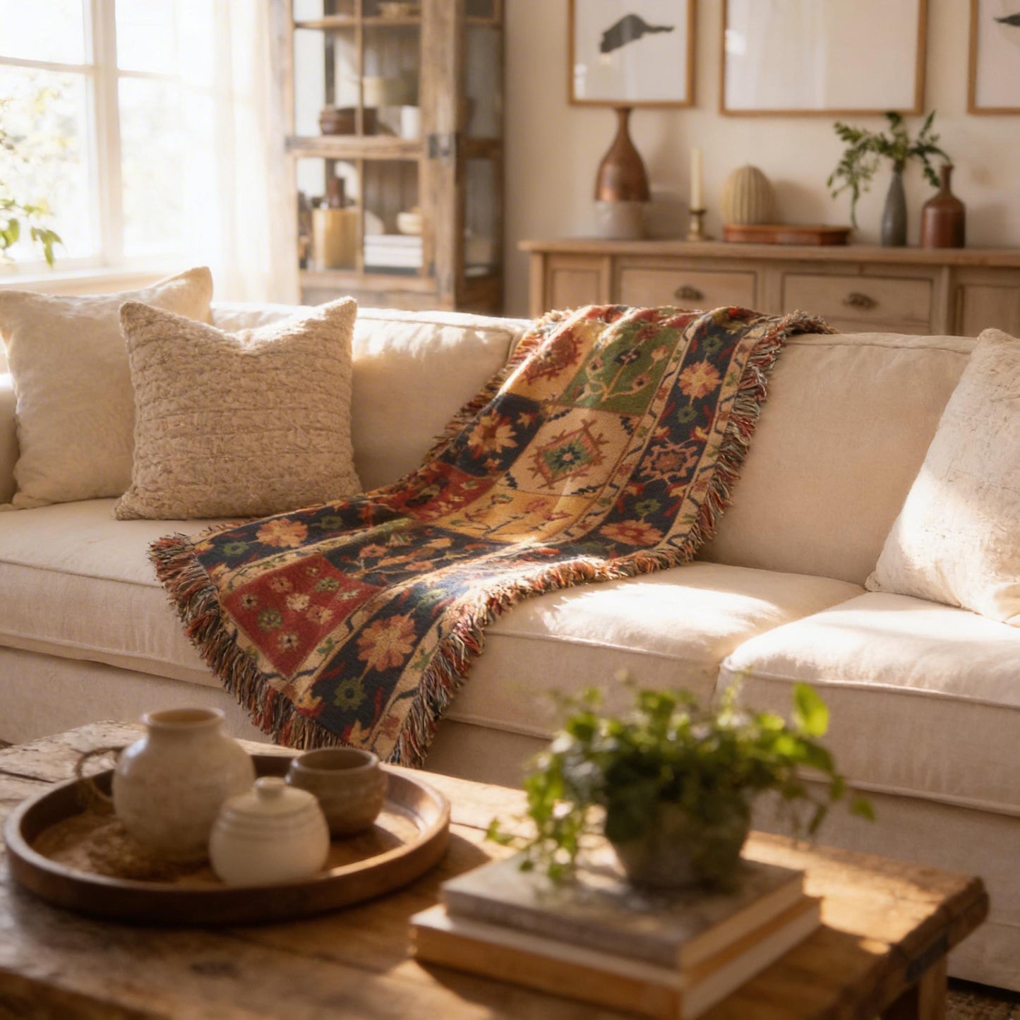 Anatolian Inspired woven blanket with floral pattern styled for layered home decor