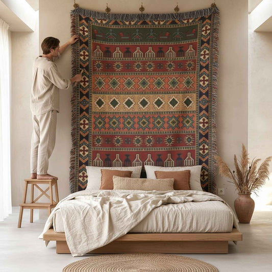 Southwestern woven wall tapestry with geometric pattern styled as textile wall decor