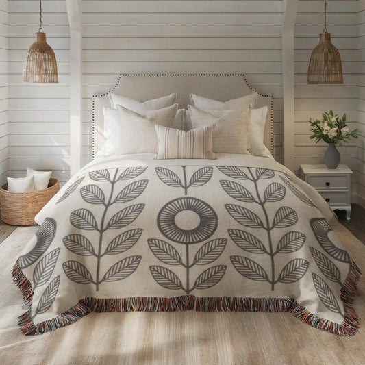 Woven Blanket – Black and White Throw with Floral Cottagecore Design
