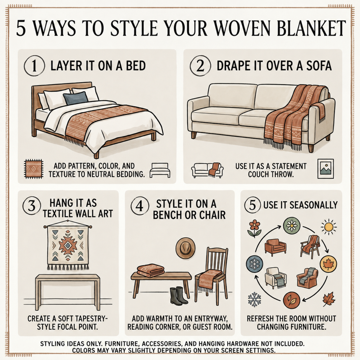Five ways to style a woven textile, including hanging it as wall art and layering it on a bed
