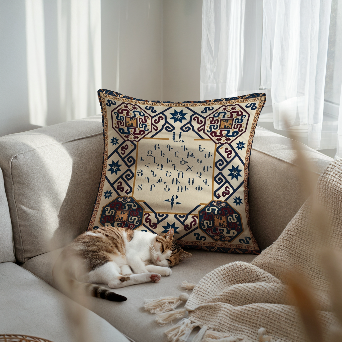 Armenian Alphabet Pillow Cover – Blue & Brown on Cream