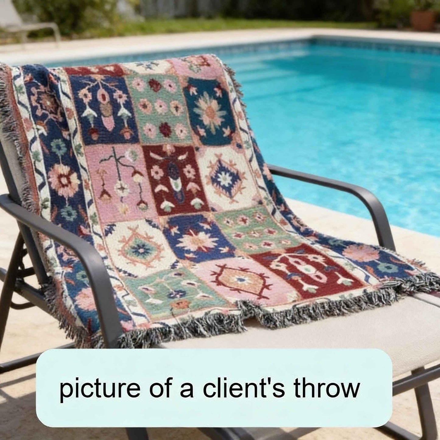 Anatolian Inspired outdoor woven throw blanket with floral pattern for patio styling