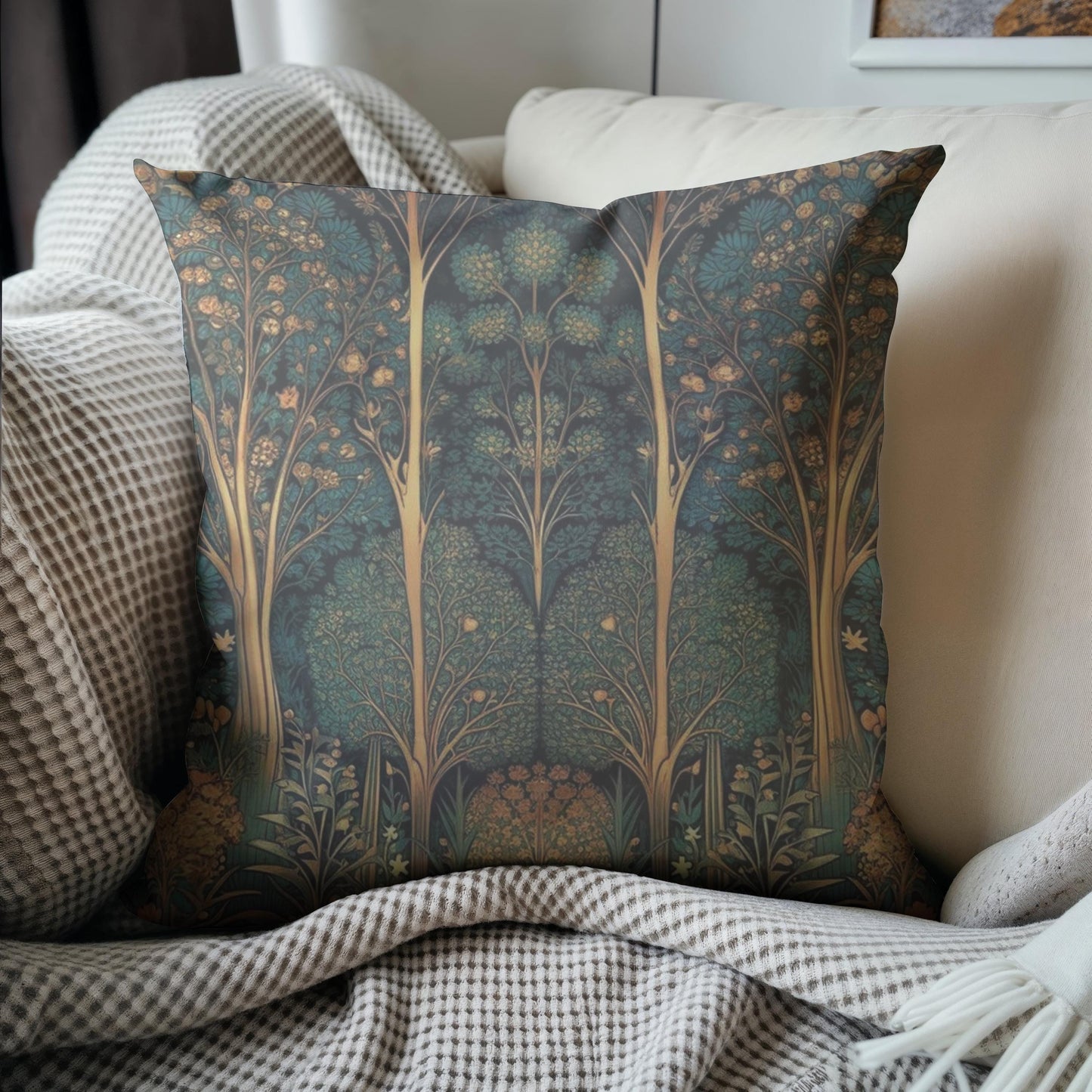 Scandinavian Inspired pillow cover with woven pattern styled on a sofa or bed