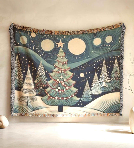 Festive Forest Wall Hanging – Christmas Tree Art Woven Cotton Throw Blanket - timelessbohochic.com
