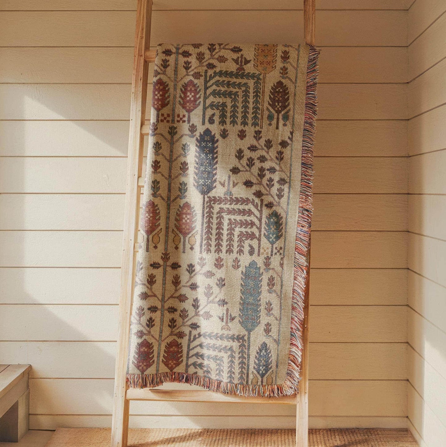 Caucasian Rug Inspired woven wall tapestry with geometric pattern styled as textile wall decor