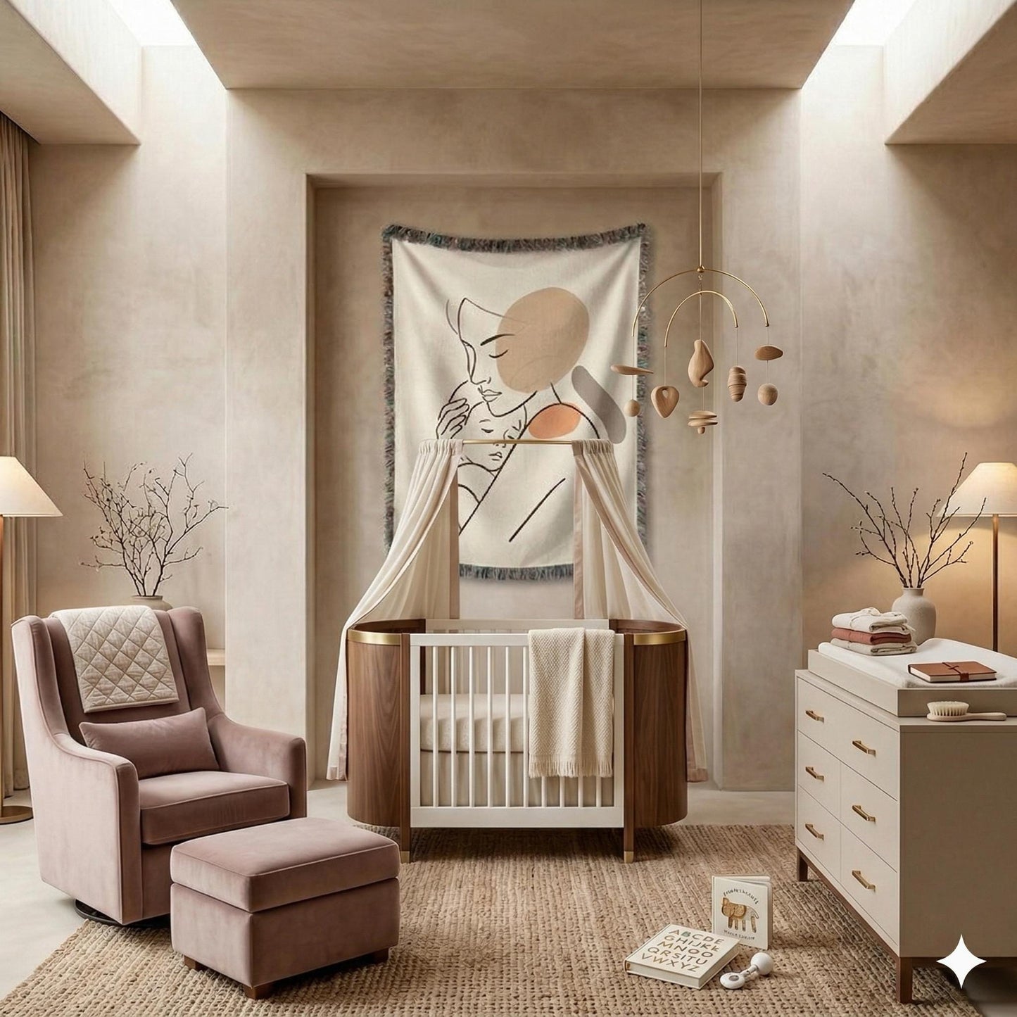 Modern Geometric woven wall tapestry with geometric pattern styled as textile wall decor