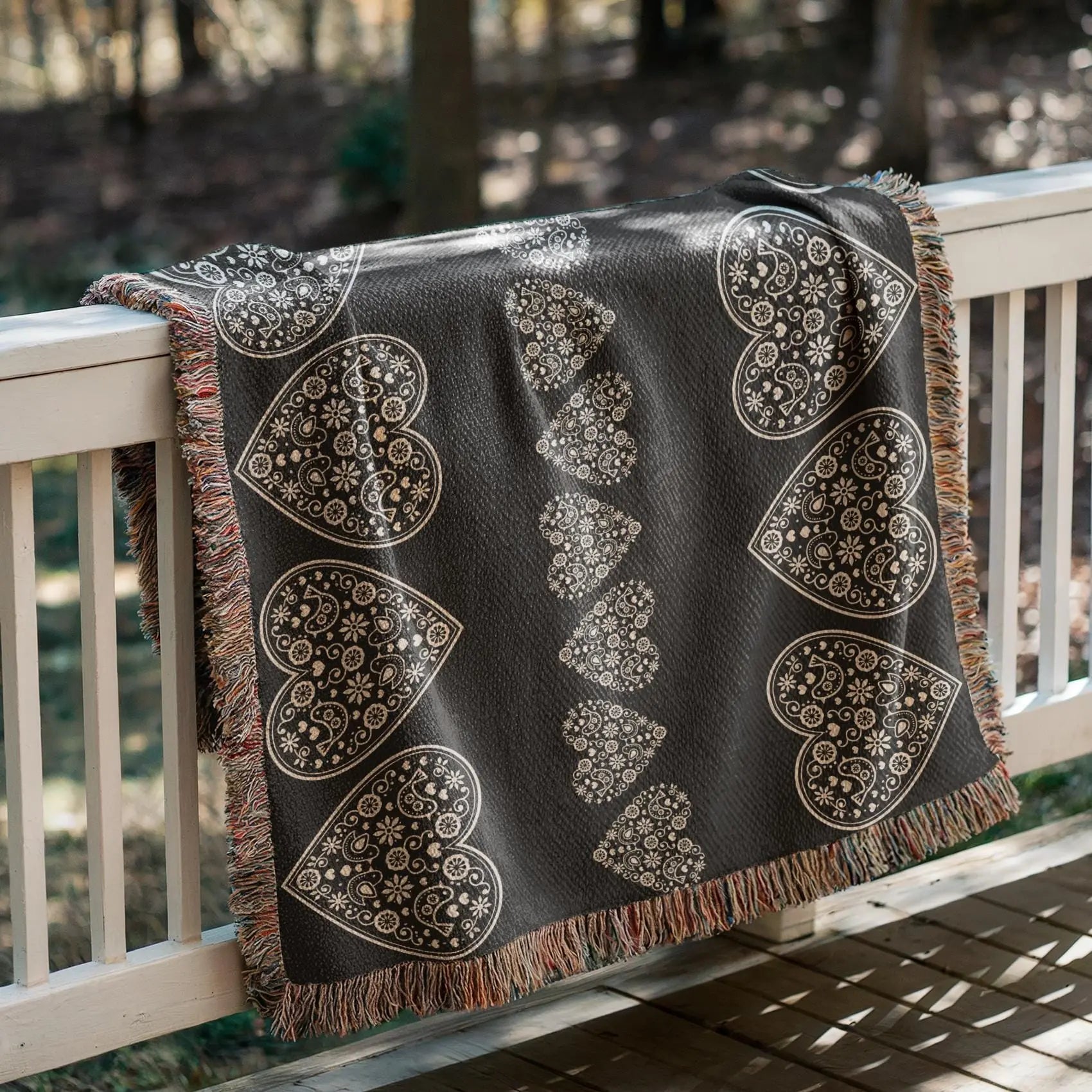 Cotton Woven Blanket – Scandinavian Throw With Scandi Hearts Pattern & Fringed Edges