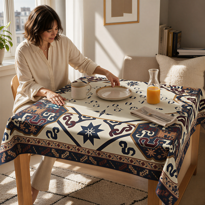 Armenian alphabet square tablecloth in cream, a woman setting juice and plates on the table