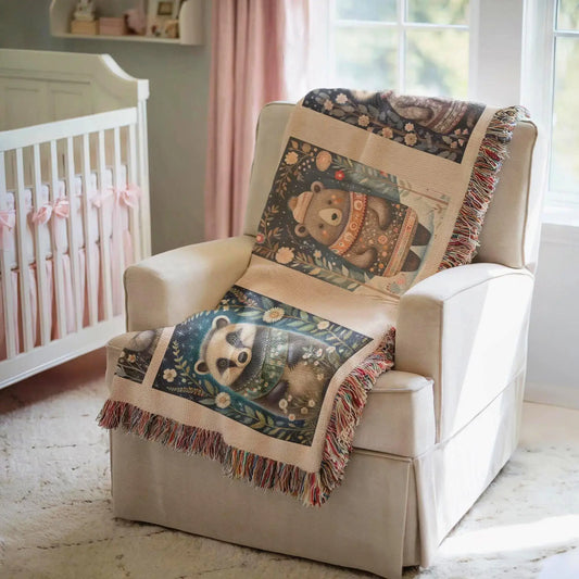 Cotton Woven Quilt – Woodland Animal Throw | Scandi Forest Decor Blanket