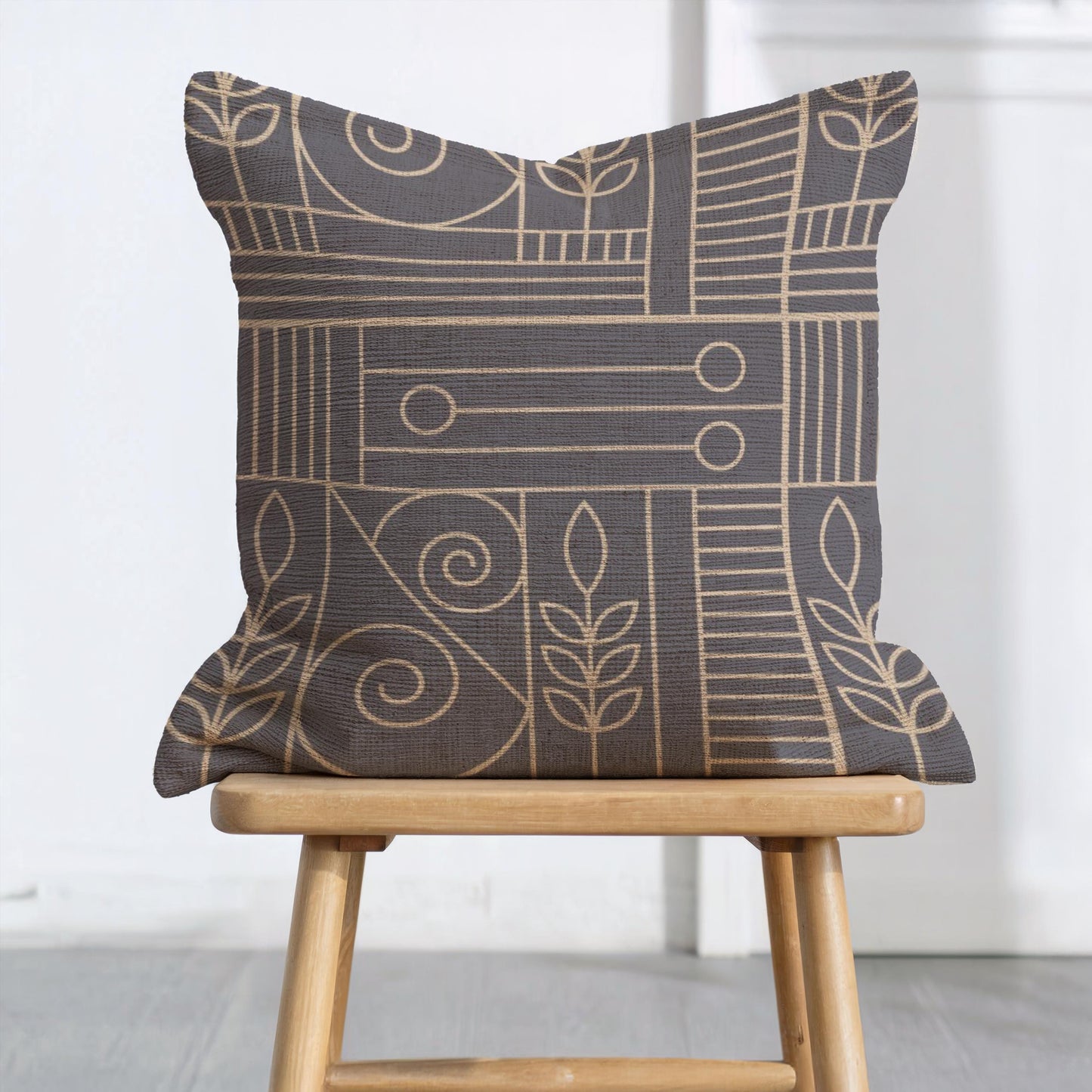 Woven Cushion Cover - Dark Blue Beige Geometric Pillow with Golden Accent