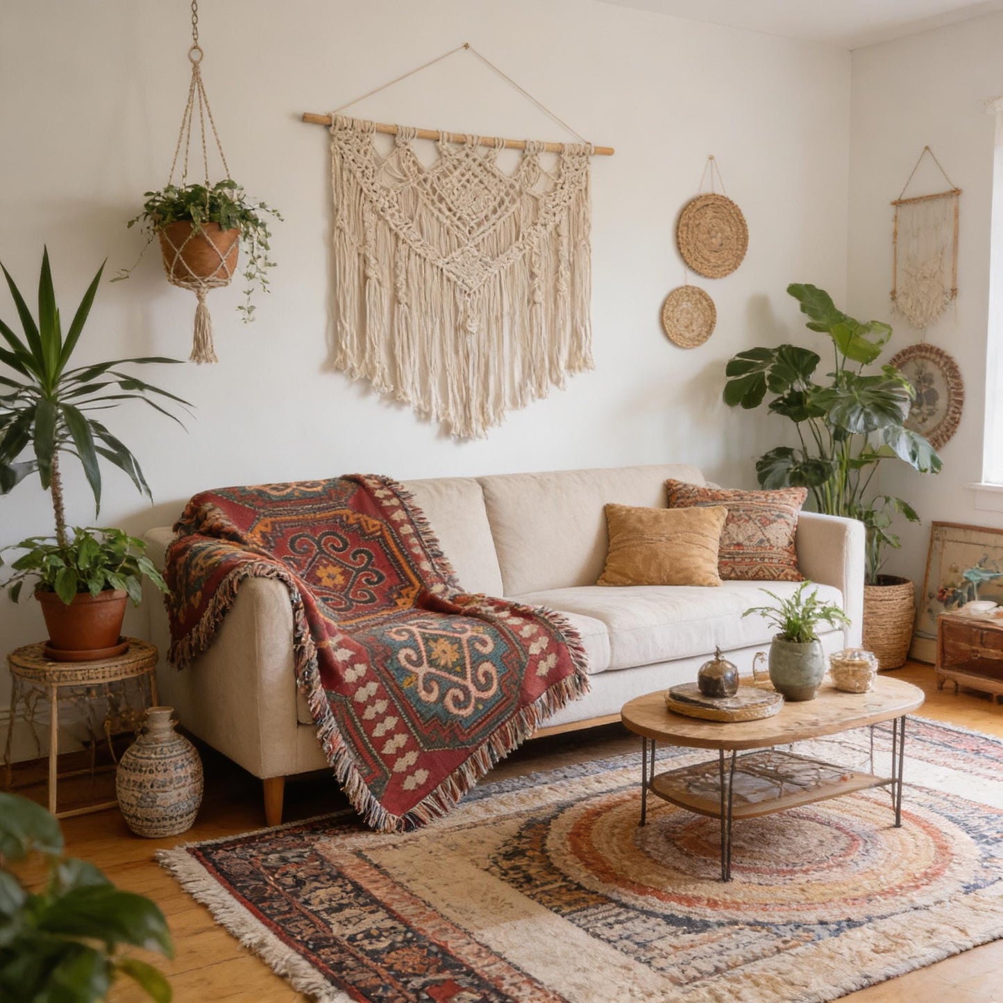 Caucasian Rug Inspired woven blanket with geometric pattern styled for layered home decor