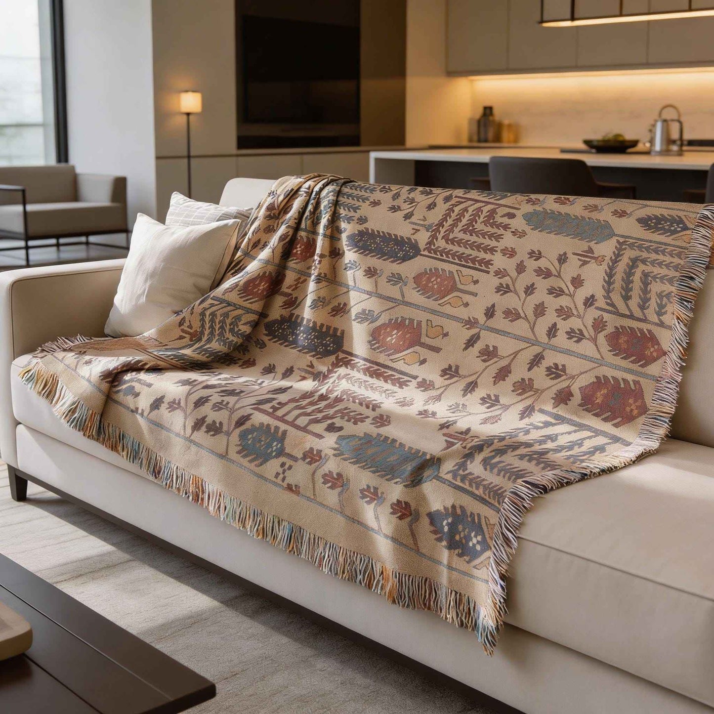 Caucasian Rug Inspired woven blanket with geometric pattern styled for layered home decor
