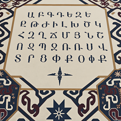 Close view of the Armenian alphabet in navy inside the cream centre panel