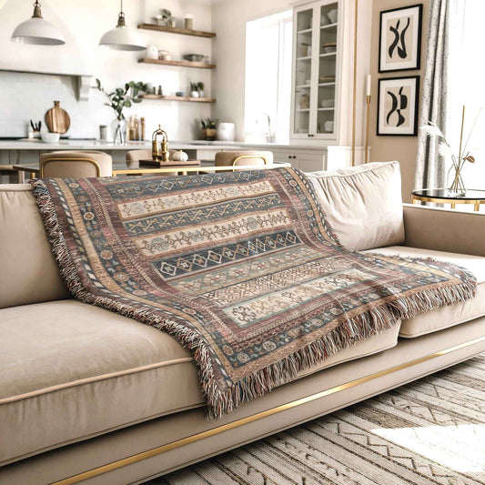 Southwestern woven blanket with geometric pattern styled for layered home decor