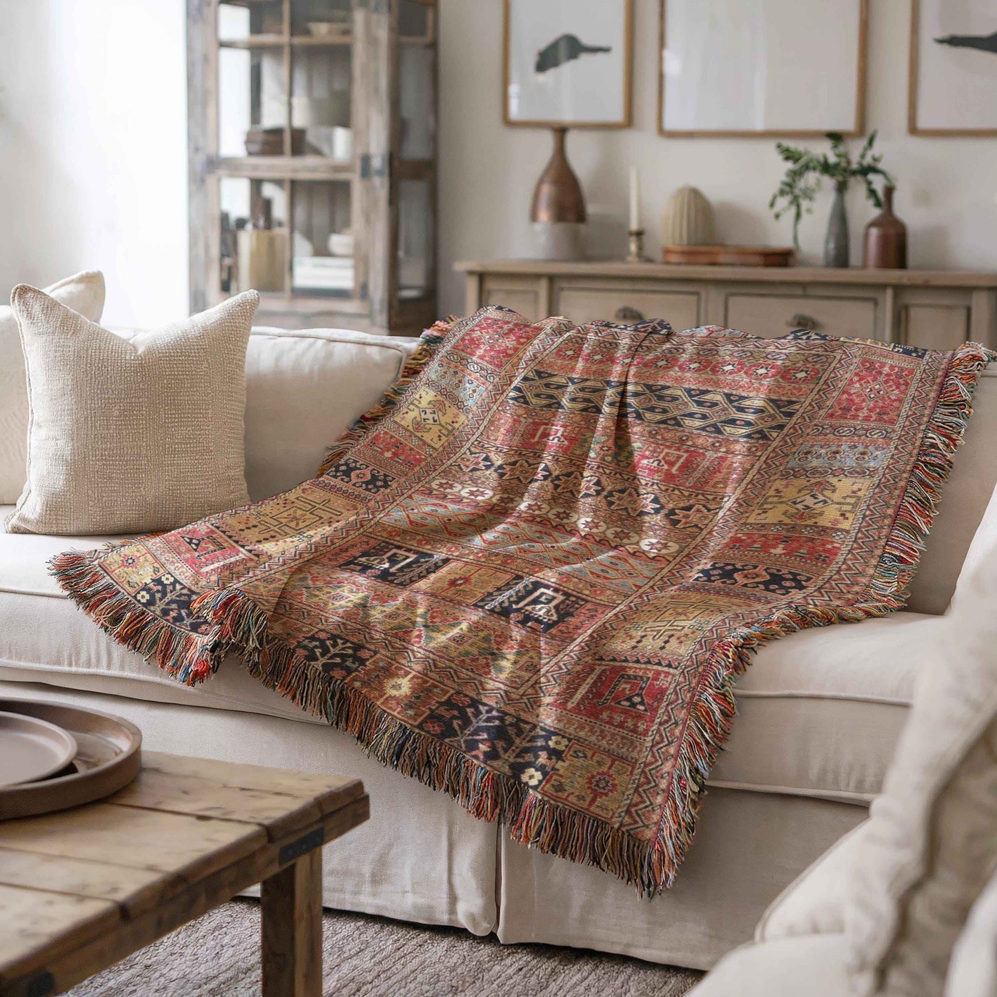 Caucasian Rug Inspired woven blanket with geometric pattern styled for layered home decor