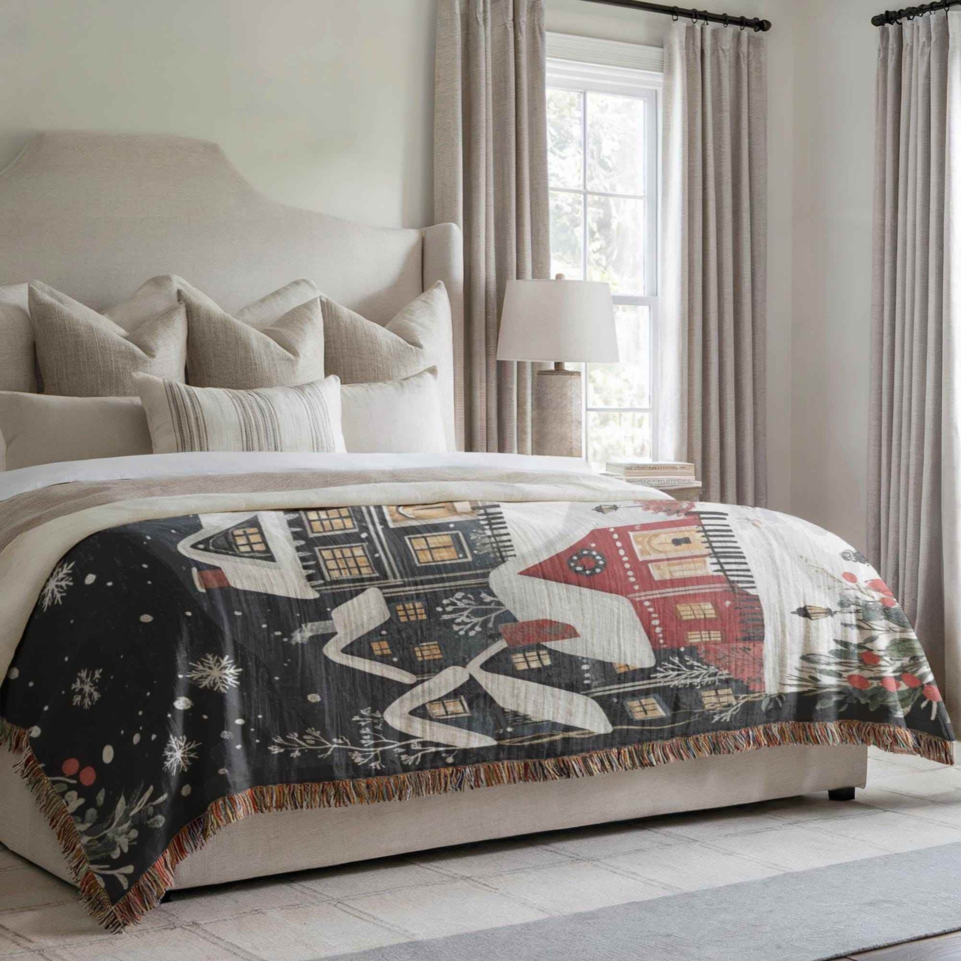 Holiday Cotton Throw - Woven Christmas Village Blanket | Cozy Seasonal Bedroom Accent - timelessbohochic.com
