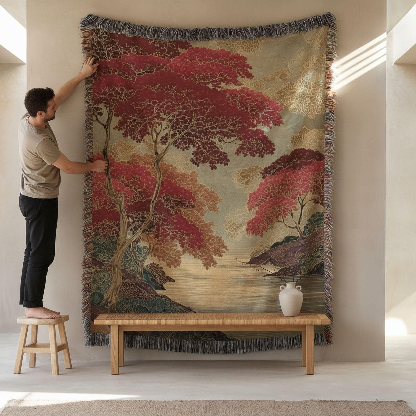 Scandinavian Inspired woven wall tapestry with rug-style pattern styled as textile wall decor
