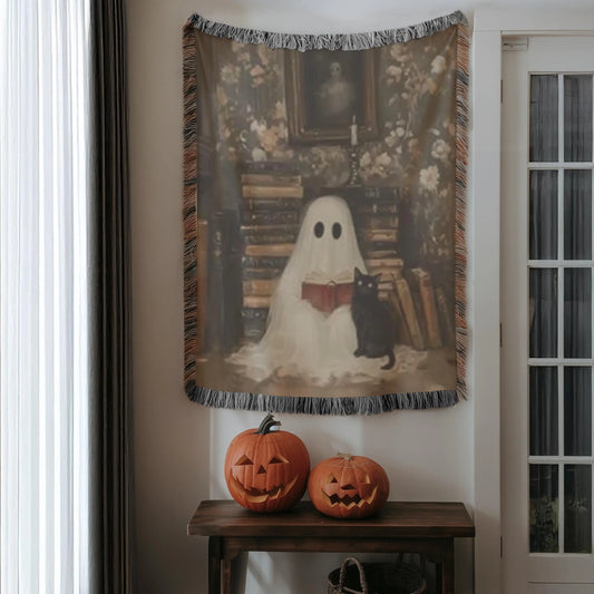 Ghost Book Blanket – Soft Cotton Throw | Cat Cozy Throw | Halloween Home Decor