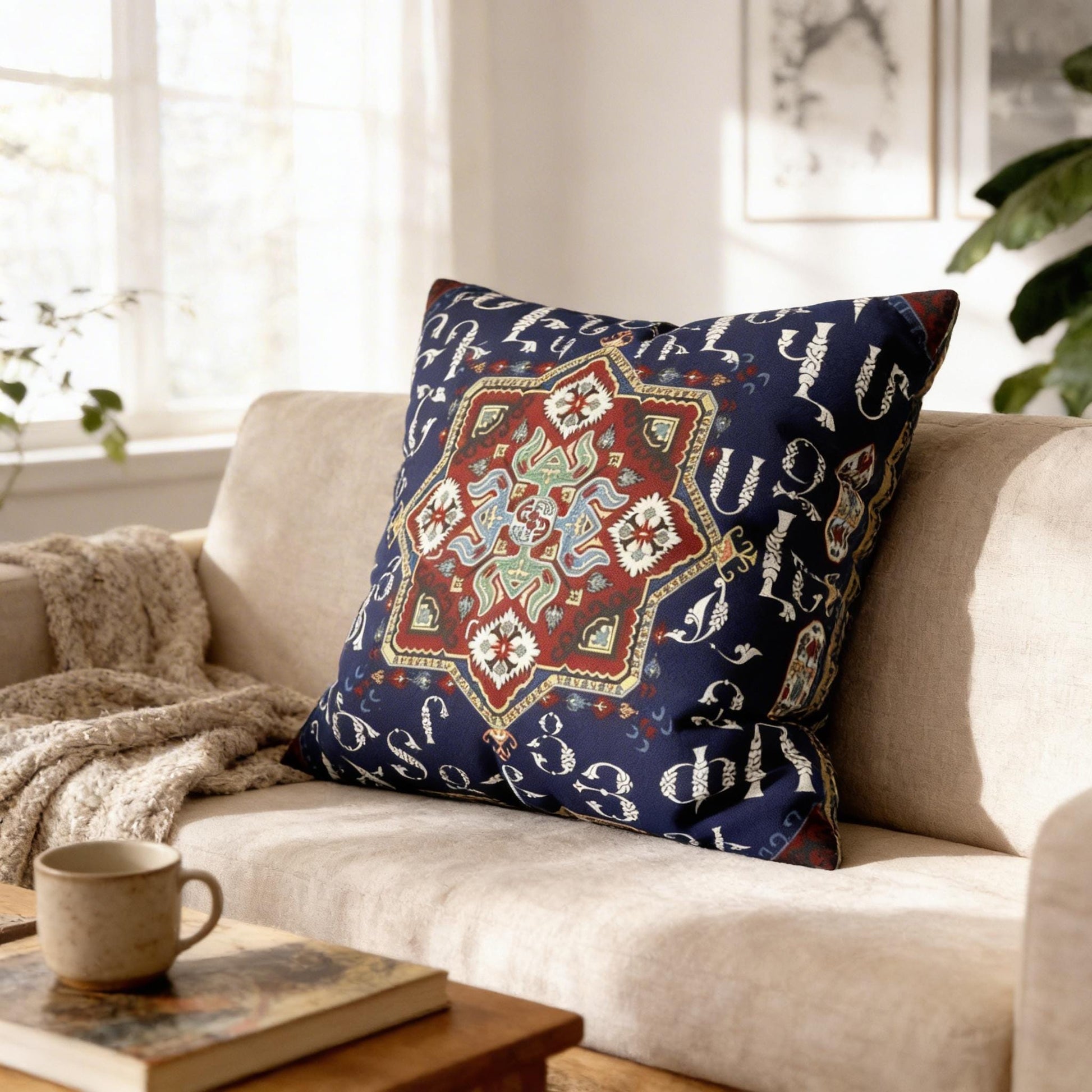 a cozy living room with a beige sofa adorned with a blue and red patterned throw pillow. A coffee table with a book and a mug is situated in front of the sofa, and a window with curtains lets in natural light, creating a warm and inviting atmosphere.