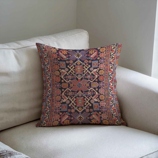 Anatolian Inspired throw pillow with rug-style pattern styled on a sofa or bed