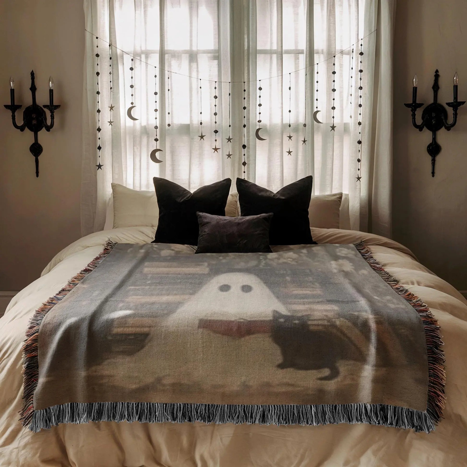 Ghost Book Blanket – Soft Cotton Throw | Cat Cozy Throw | Halloween Home Decor
