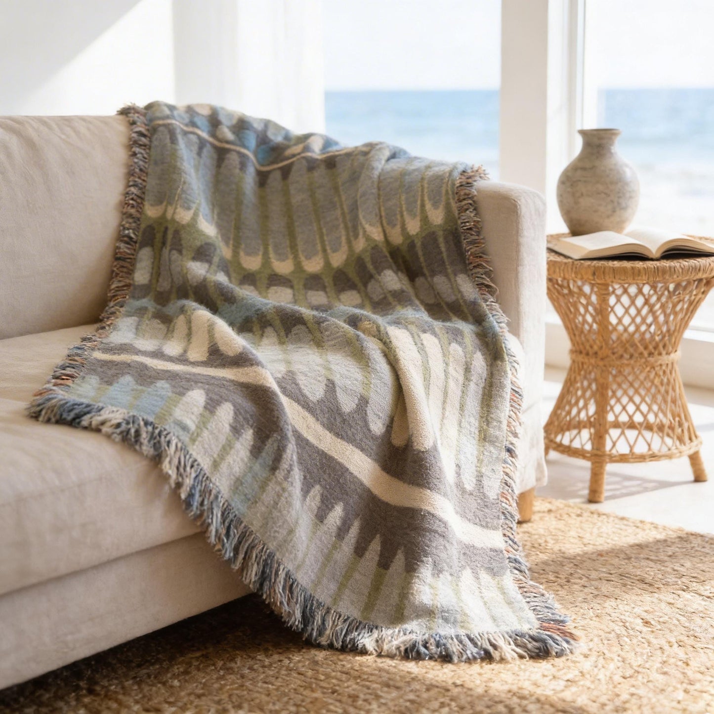 Modern Geometric woven blanket with geometric pattern styled for layered home decor