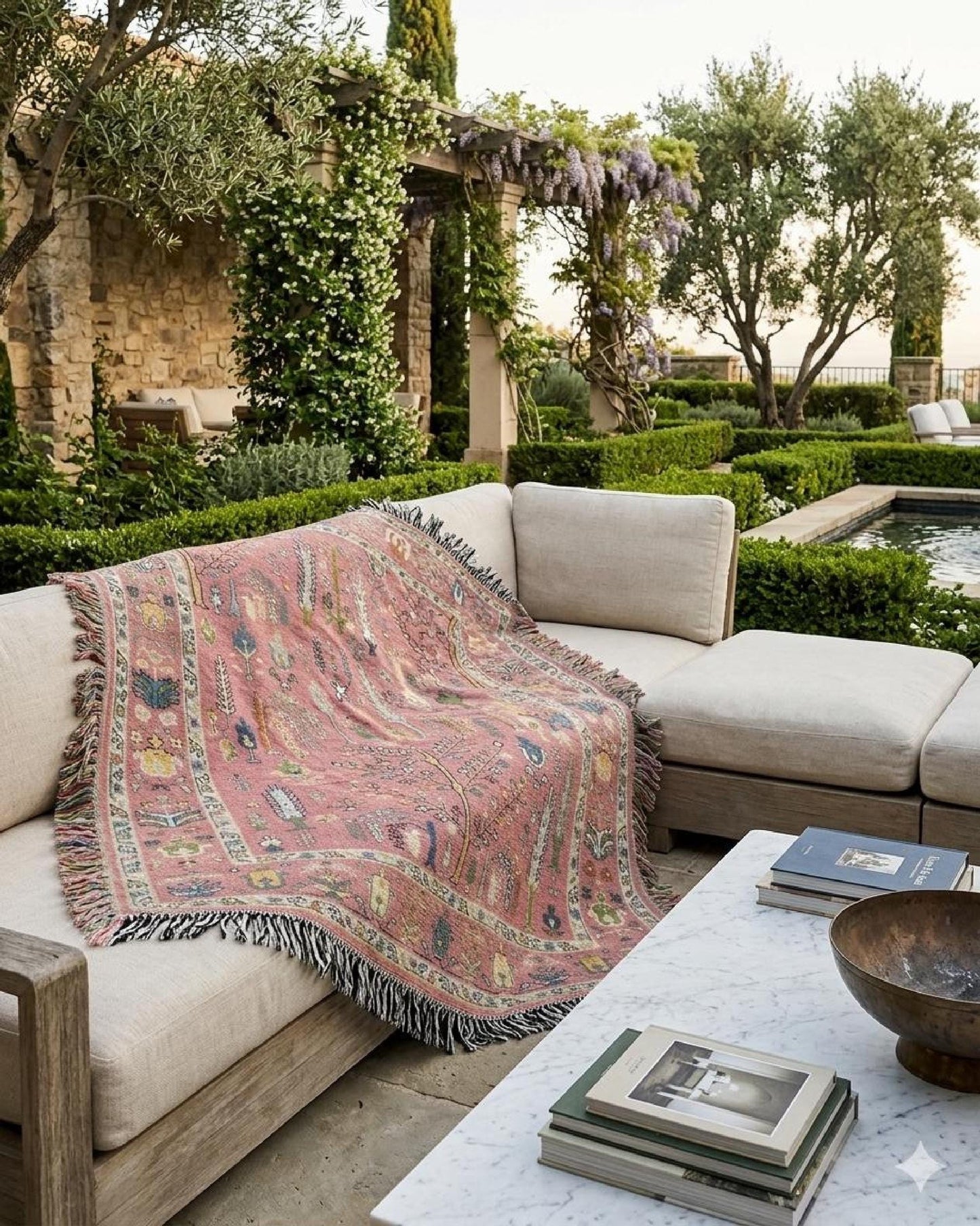 Anatolian Inspired outdoor woven throw blanket with rug-style pattern for patio styling