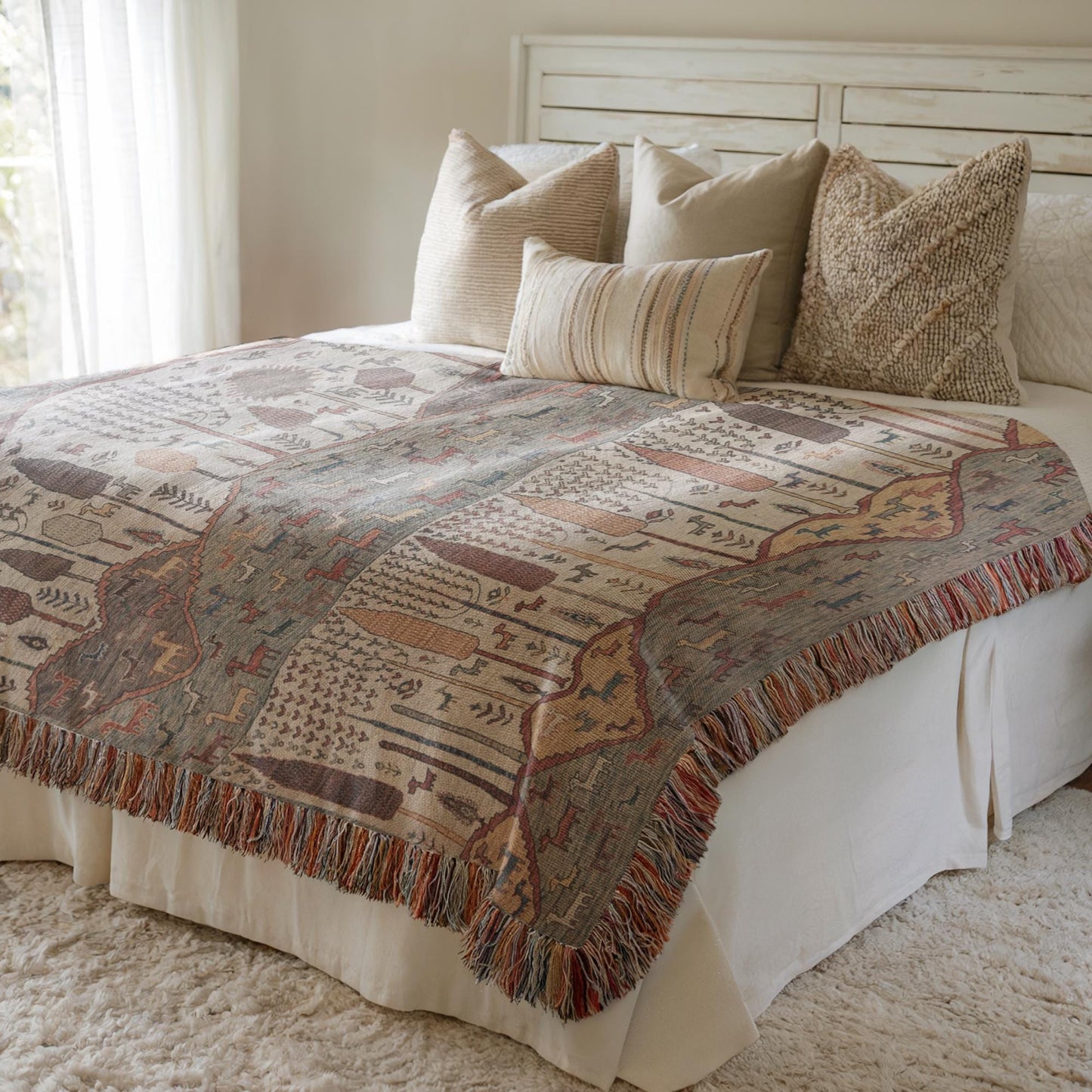 Modern Geometric woven blanket with geometric pattern styled for layered home decor