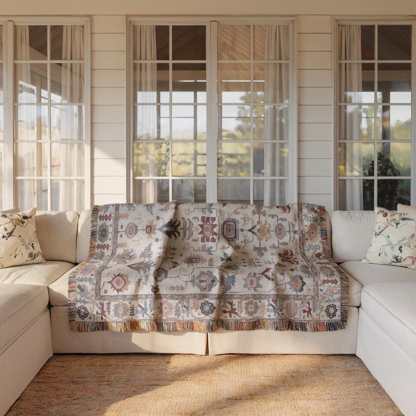 Anatolian Inspired woven blanket with rug-style pattern styled for layered home decor