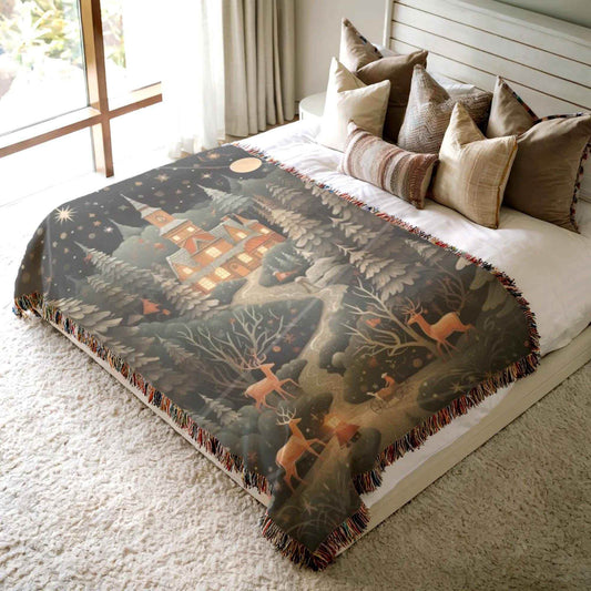 Christmas Bedroom Blanket - Festive Winter Throw with Reindeer & Trees | Soft Cotton Woven - timelessbohochic.com