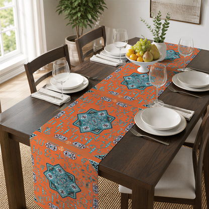 Orange and turquoise Armenian alphabet table runner being laid on a dining table