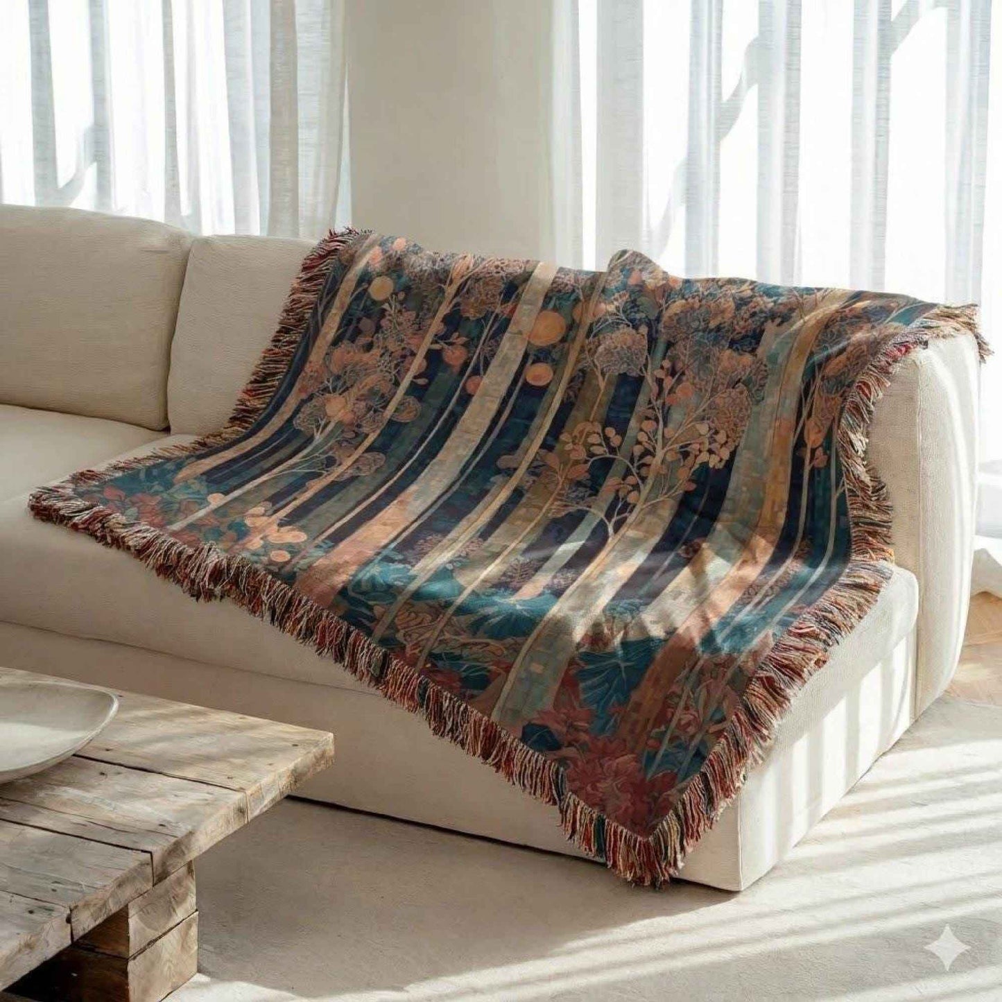 Modern Geometric woven blanket with geometric pattern styled for layered home decor