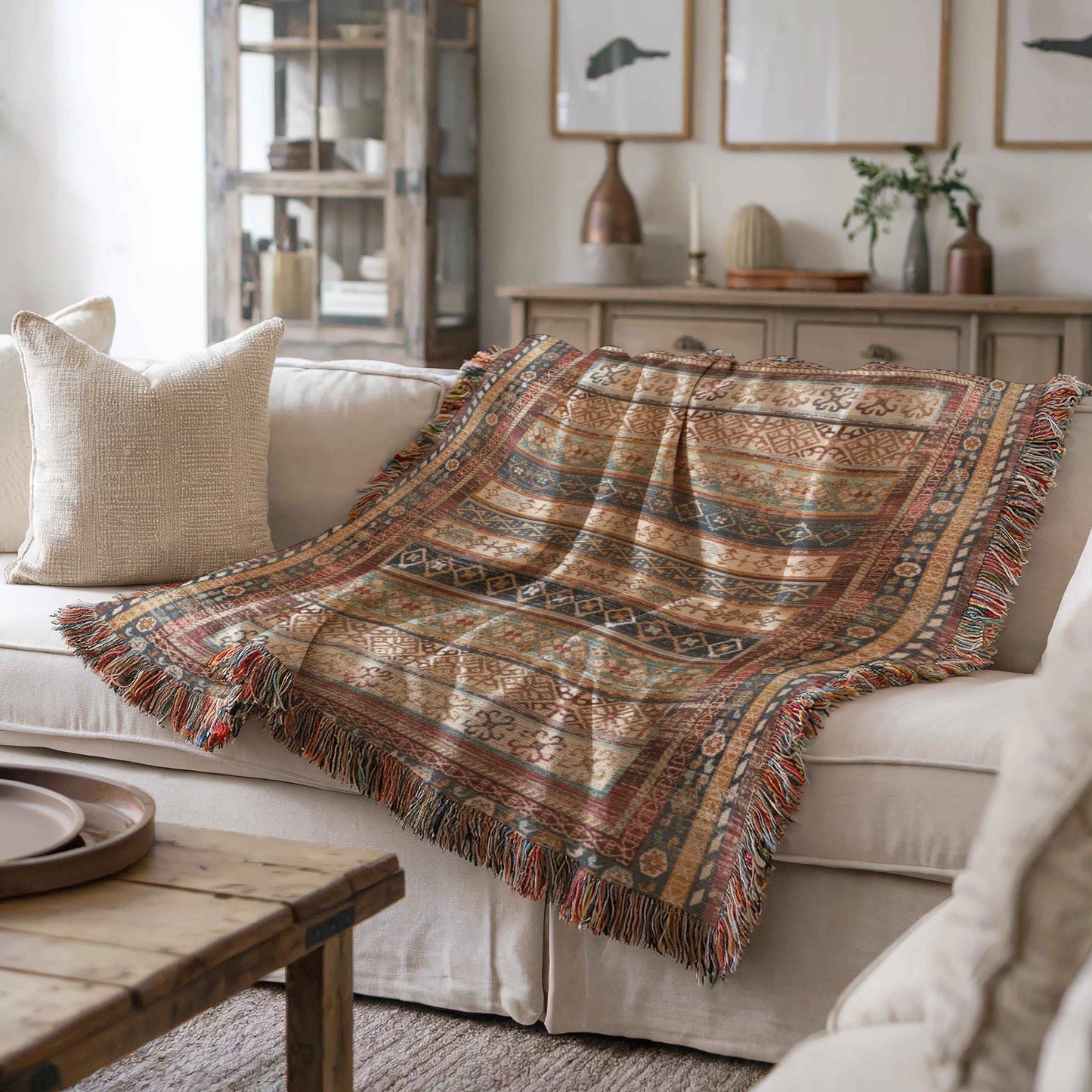 Southwestern woven blanket with geometric pattern styled for layered home decor