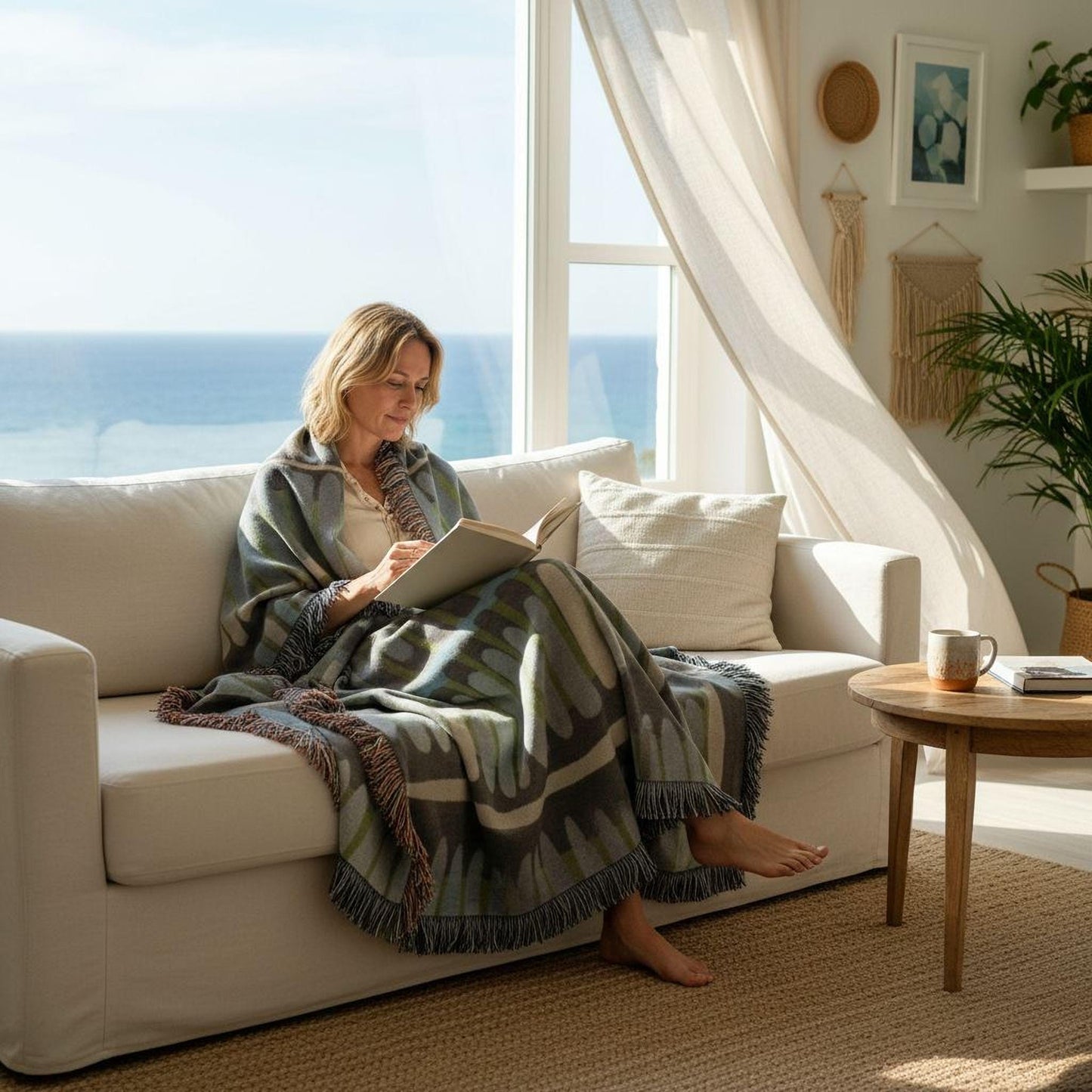 Modern Geometric woven blanket with geometric pattern styled for layered home decor