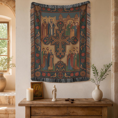 Christian saint tapestry above a wood console, antique icon aesthetic, ideal Armenian Apostolic gift or prayer decor