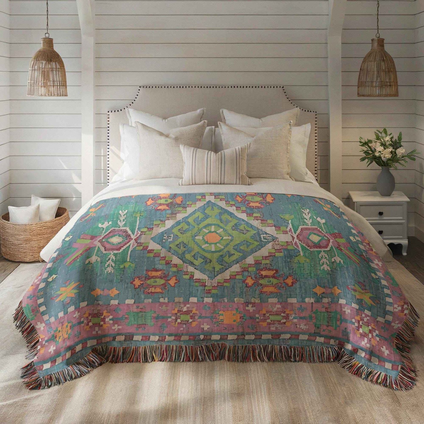 Moroccan Inspired woven blanket with woven pattern styled for layered home decor