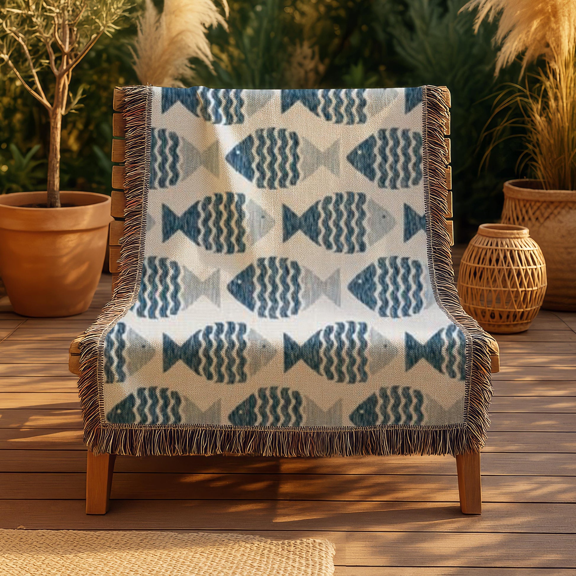Coastal Boho Throw - Soft Cotton Throw Blanket With Nautical Fish Motif & Fringed Edges