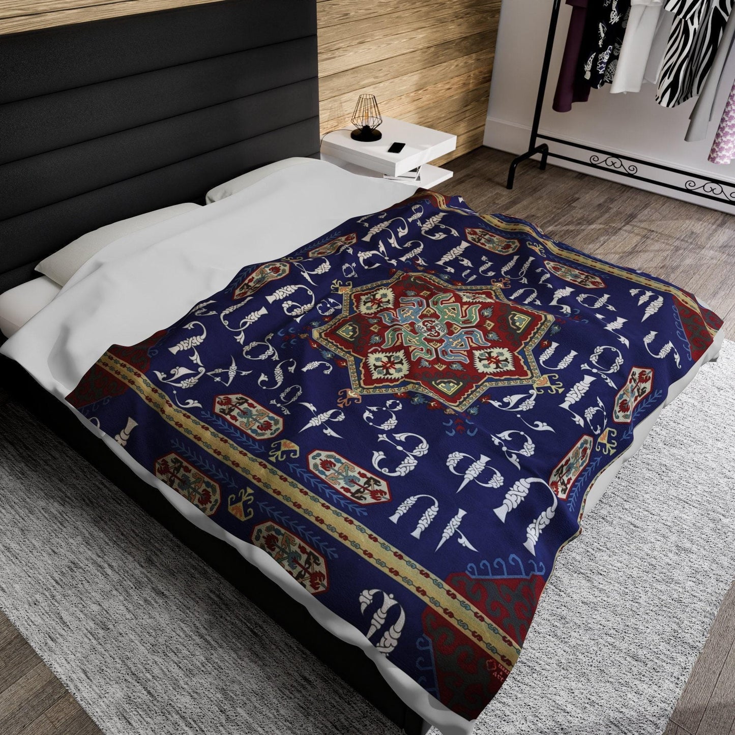 Boho woven blanket with woven pattern styled for layered home decor