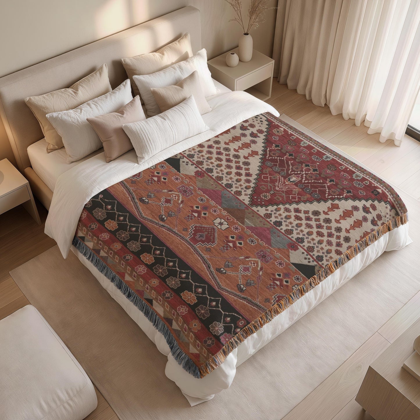 Southwestern woven blanket with geometric pattern styled for layered home decor