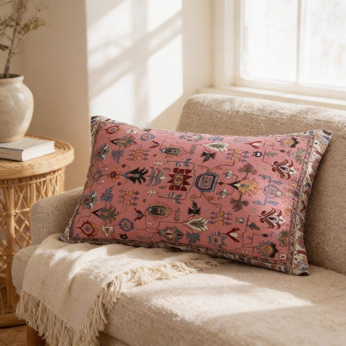 Anatolian Inspired throw pillow with rug-style pattern styled on a sofa or bed
