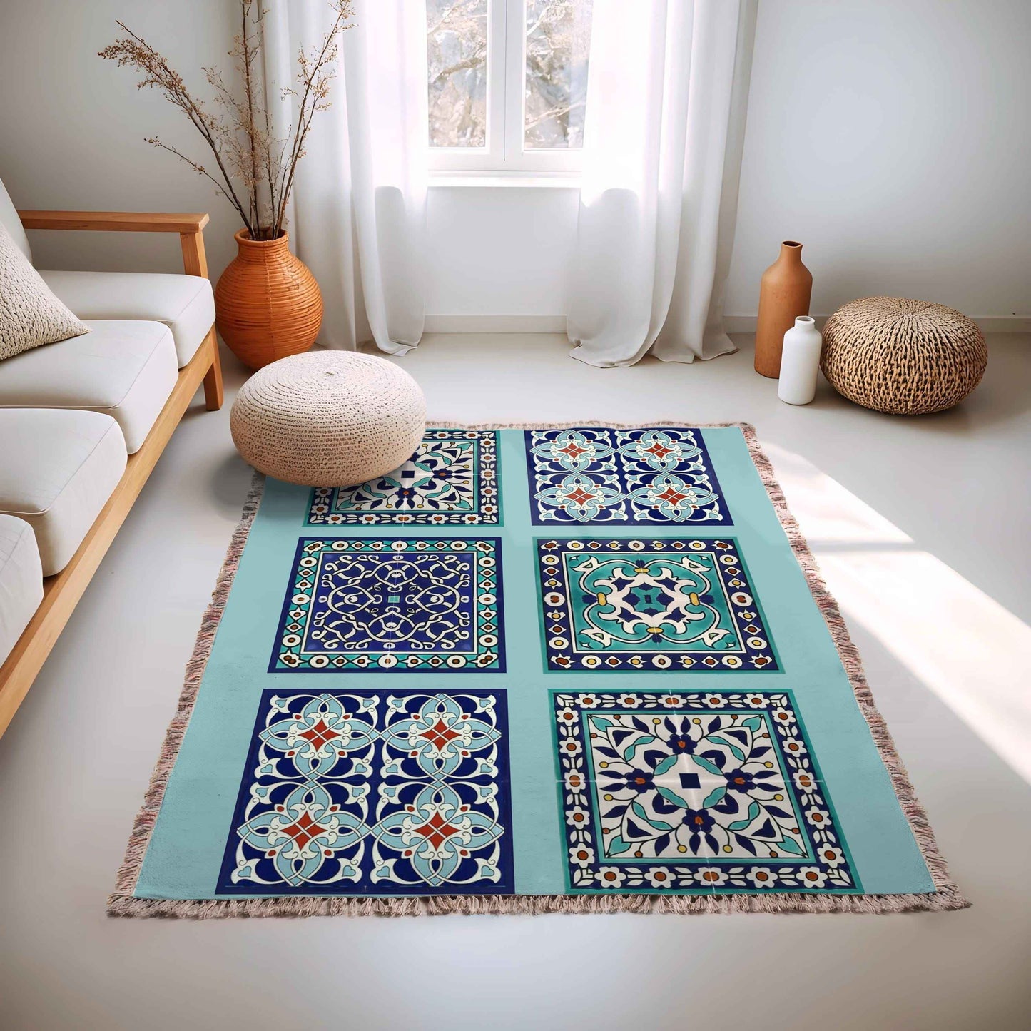Anatolian Inspired woven wall tapestry with geometric pattern styled as textile wall decor