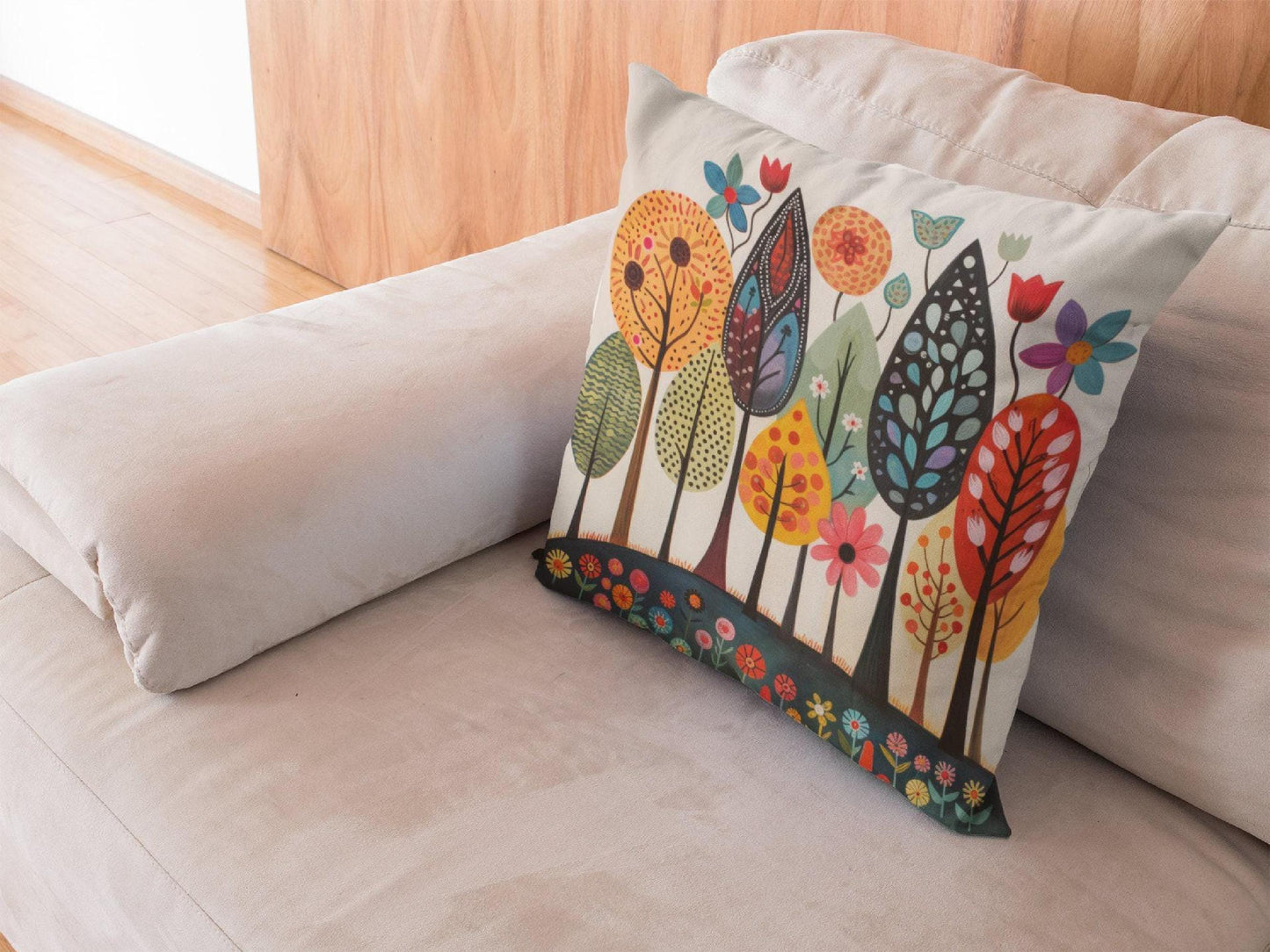 Scandinavian Inspired pillow cover with woven pattern styled on a sofa or bed