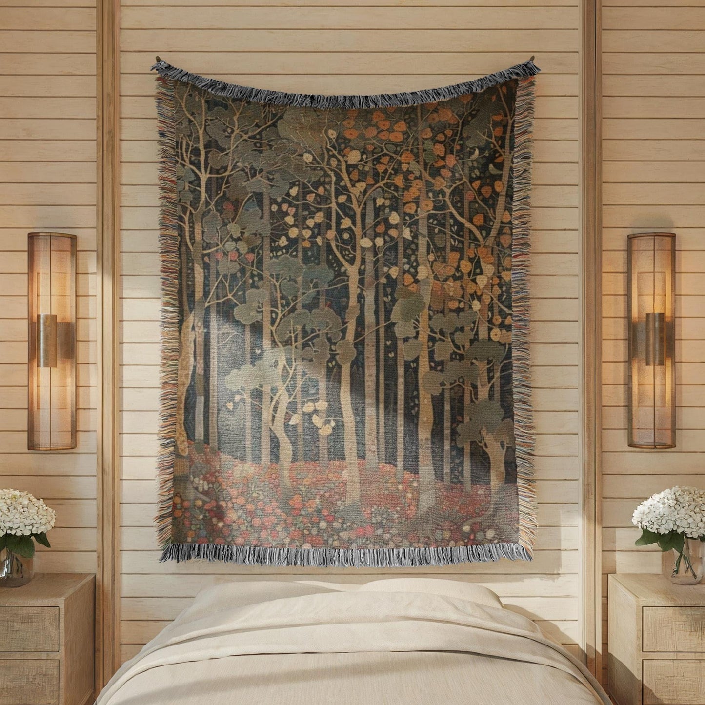 Scandinavian Inspired woven blanket with rug-style pattern styled for layered home decor